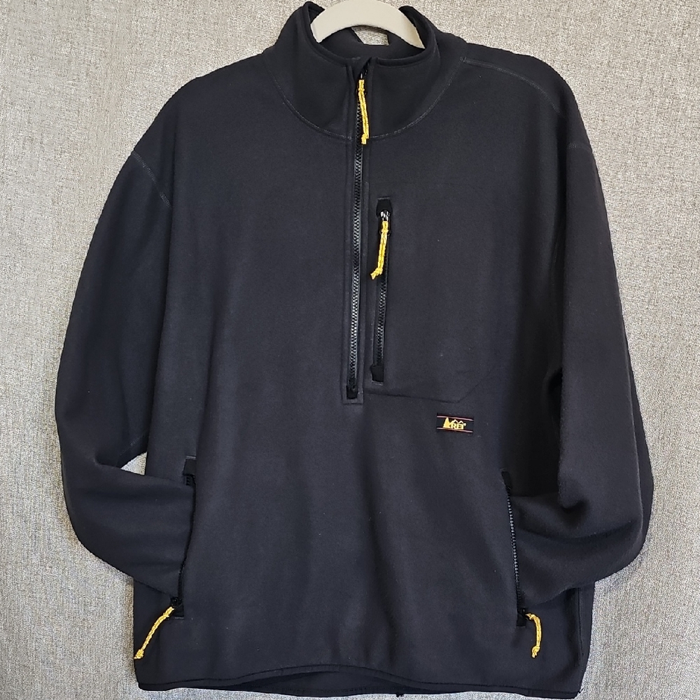 REI Black Fleece Top with Yellow Logo and Red Trim